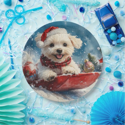 Malteser Hund in Sledge Lass es Schnee Weihnachten Pappteller (Party)
