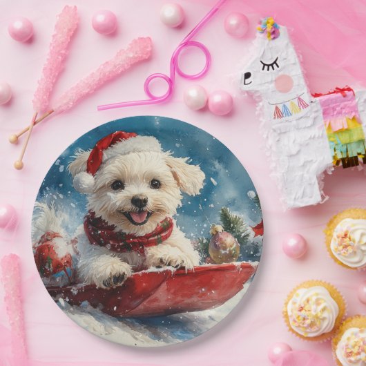 Malteser Hund in Sledge Lass es Schnee Weihnachten Pappteller (Party)