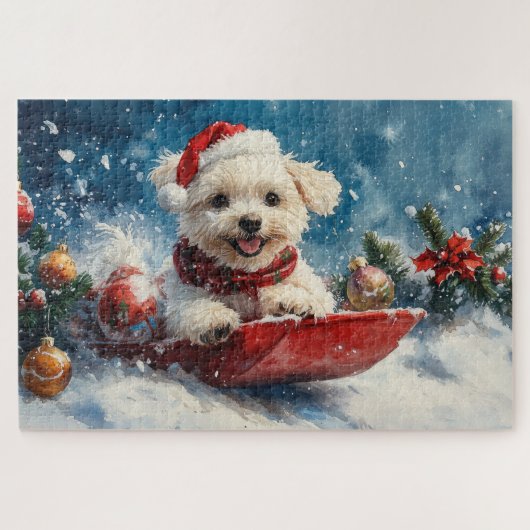 Malteser Hund in Sledge Lass es Schnee Weihnachten Puzzle (Horizontal)