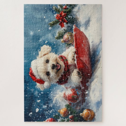 Malteser Hund in Sledge Lass es Schnee Weihnachten Puzzle (Vertikal)