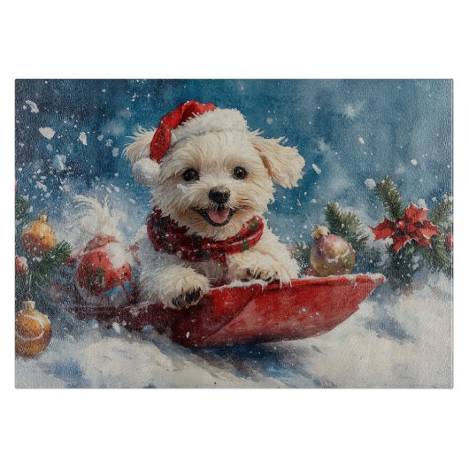 Malteser Hund in Sledge Lass es Schnee Weihnachten Schneidebrett (Vorderseite)