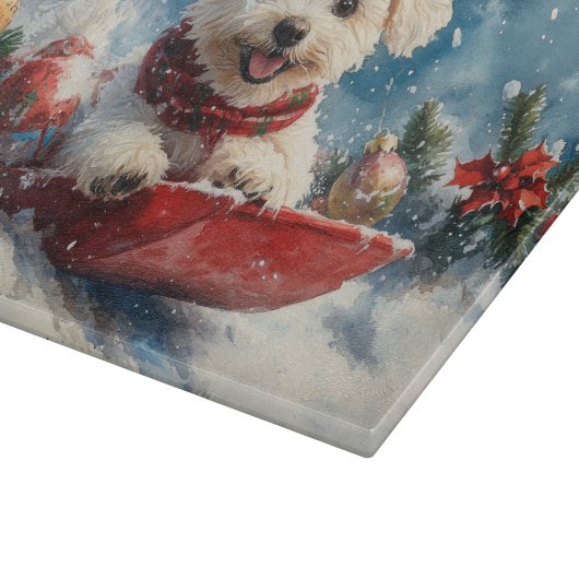 Malteser Hund in Sledge Lass es Schnee Weihnachten Schneidebrett (Ecke)