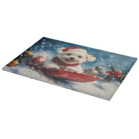 Malteser Hund in Sledge Lass es Schnee Weihnachten Schneidebrett (Ecke)