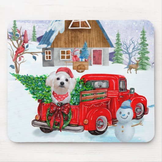 Malteser Hund in Weihnachten Lkw Schnee Mousepad (Vorne)