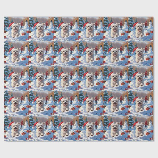 Malteser Hund läuft im Schnee mit Weihnachtshut Geschenkpapier (Flach)