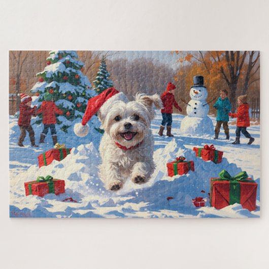 Malteser Hund läuft im Schnee mit Weihnachtshut Puzzle (Horizontal)
