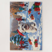 Malteser Hund läuft im Schnee mit Weihnachtshut Puzzle (Vertikal)