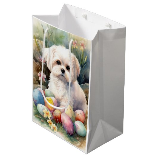 Malteser Hund mit Ostereier Urlaub Mittlere Geschenktüte (Vorderseite Schrägansicht)