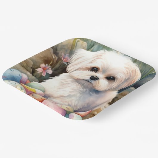 Malteser Hund mit Ostereier Urlaub Pappteller (Gewinkelt)