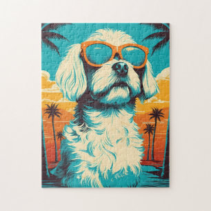 Malteser Hund mit Sonnenbrille am Strand Puzzle