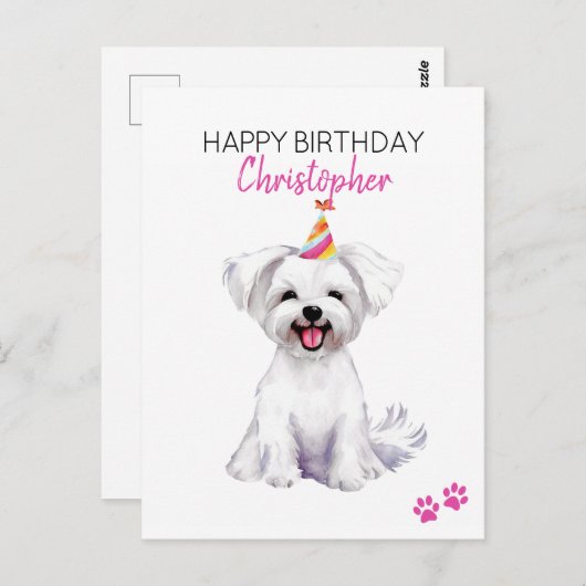 Malteser Hund Personalisiert Happy Geburtstag Postkarte (Vorne/Hinten)