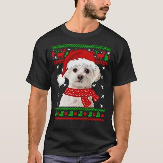 Malteser Hund Ugly Sweater Christmas Welpe Hund Lo T-Shirt (Vorderseite)