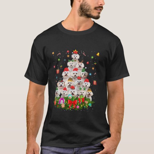 Malteser Hund Weihnachtsbaum Lights Welpenhund Lov T-Shirt (Vorderseite)