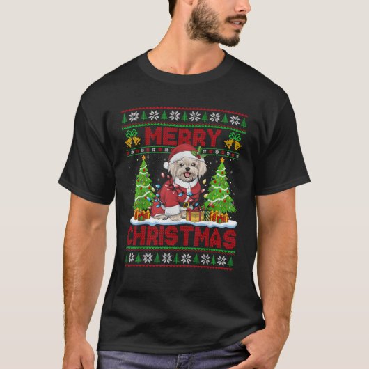 Malteser Hund Xmas Tree Lights Ugly Santa Maltese  T-Shirt (Vorderseite)