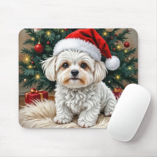 Malteser Weihnachtshund auf einem Pelzkissen Mousepad (Mit Mouse)