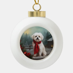 Malteserhund im Schnee Weihnachten  Keramik Kugel-Ornament