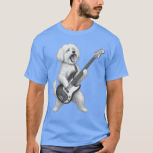 Malteserhund spielt Rockmusik auf der Bassgitarre T-Shirt