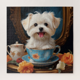 Maltesisch sitzend in einem Teacup-Vintage Puzzle