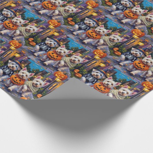 Maltesische Hunde Trick-or-Treating Halloween-Kost Geschenkpapier (Ecke)