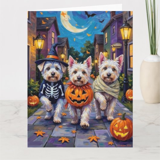 Maltesische Hunde Trick-or-Treating Halloween-Kost Karte (Vorderseite)