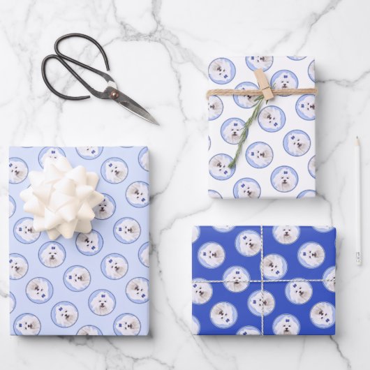 Maltesische Malerei Blue Bow Niedlich Original Hun Geschenkpapier Set (Vorderseite)