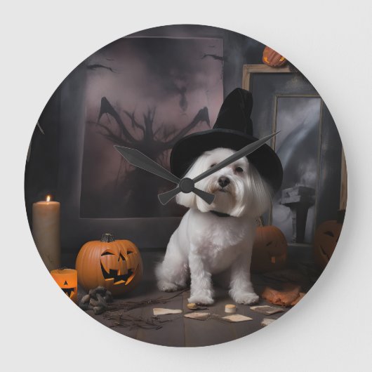 Maltesische Pumpkins Halloween Beängstigend Große Wanduhr (Vorderseite)