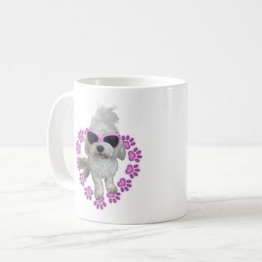 Maltesischer Hund mit rosa Sonnenbrille Kaffeetasse (Vorderseite Links)