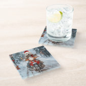 Maltesischer Hund reitend Motorrad Weihnachten Glasuntersetzer (Schrägansicht)