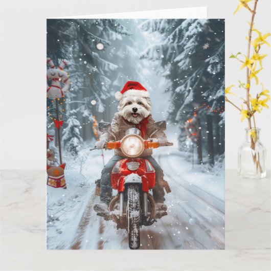 Maltesischer Hund reitend Motorrad Weihnachten Karte (Gelbe Blume)