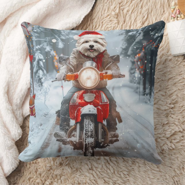 Maltesischer Hund reitend Motorrad Weihnachten Kissen (Decke)