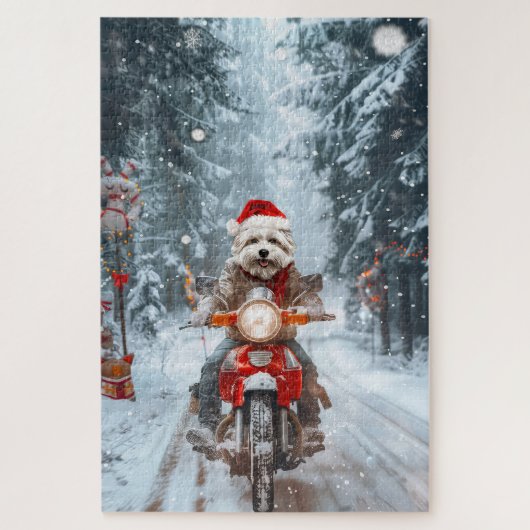 Maltesischer Hund reitend Motorrad Weihnachten Puzzle (Vertikal)