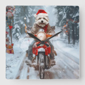 Maltesischer Hund reitend Motorrad Weihnachten Quadratische Wanduhr (Vorderseite)