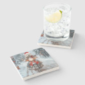 Maltesischer Hund reitend Motorrad Weihnachten Steinuntersetzer (Seitenansicht)