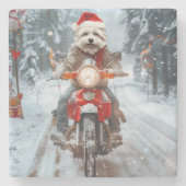 Maltesischer Hund reitend Motorrad Weihnachten Steinuntersetzer (Vorderseite)