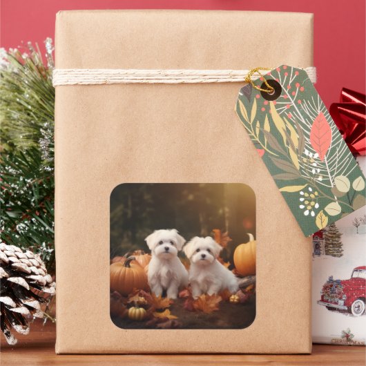 Maltesischer Welpe Autumn Delight Pumpkin Quadratischer Aufkleber (Feiertag)