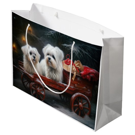 Maltesisches Snowy Sleigh Weihnachtsdekor Große Geschenktüte (Rückseite Schrägansicht)