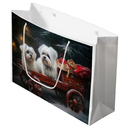 Maltesisches Snowy Sleigh Weihnachtsdekor Große Geschenktüte (Vorderseite Schrägansicht)
