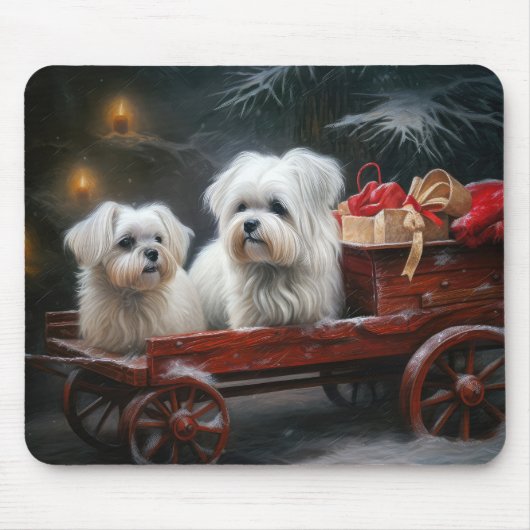 Maltesisches Snowy Sleigh Weihnachtsdekor Mousepad (Vorne)