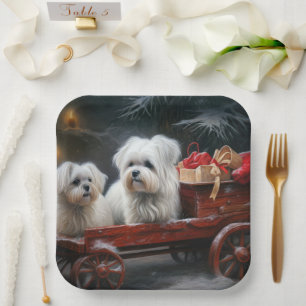 Maltesisches Snowy Sleigh Weihnachtsdekor Pappteller