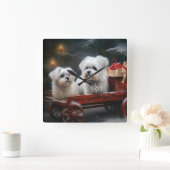 Maltesisches Snowy Sleigh Weihnachtsdekor Quadratische Wanduhr (Zuhause)