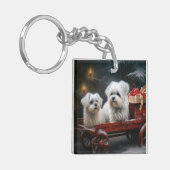 Maltesisches Snowy Sleigh Weihnachtsdekor Schlüsselanhänger (Vorderseite links)