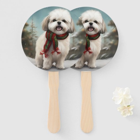 Malti Tzu Dog im Schnee Weihnachten Fächer (Vorne und Hinten)