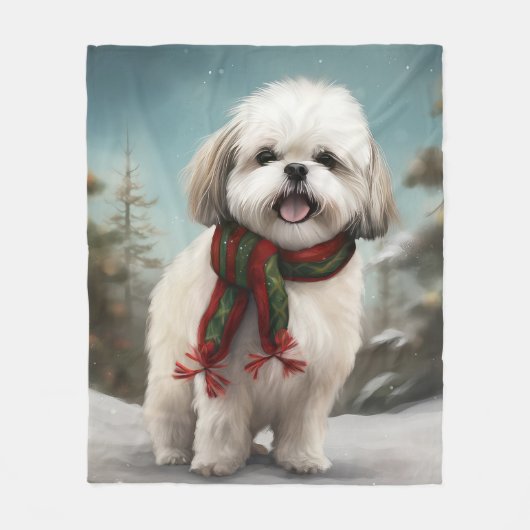 Malti Tzu Dog im Schnee Weihnachten Fleecedecke (Vorderseite)
