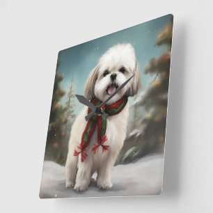 Malti Tzu Dog im Schnee Weihnachten Quadratische Wanduhr