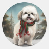 Malti Tzu Dog im Schnee Weihnachten Runder Aufkleber (Vorderseite)