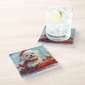 Malti Tzu Dog in Sledge Let it Schnee Weihnachten Glasuntersetzer (Schrägansicht)