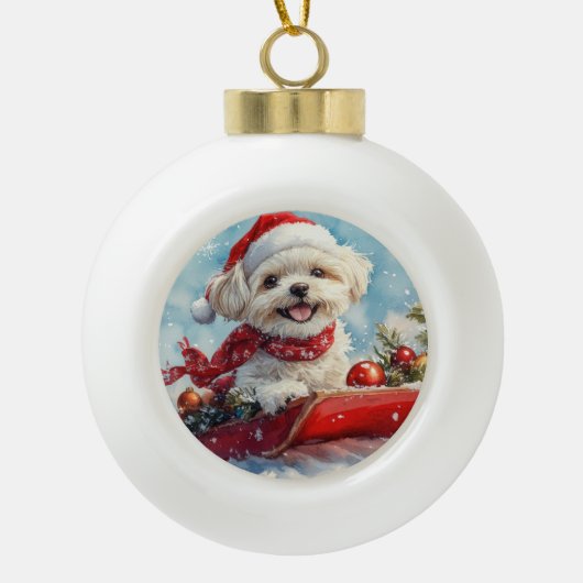 Malti Tzu Dog in Sledge Let it Schnee Weihnachten Keramik Kugel-Ornament (Vorderseite)