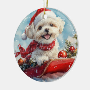 Malti Tzu Dog in Sledge Let it Schnee Weihnachten Keramik Ornament