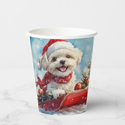 Malti Tzu Dog in Sledge Let it Schnee Weihnachten Pappbecher (Vorderseite)