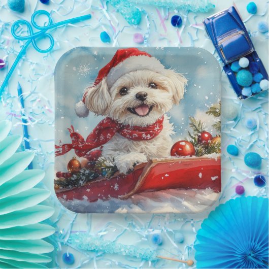 Malti Tzu Dog in Sledge Let it Schnee Weihnachten Pappteller (Party)
